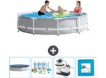 Piscina Intex Con Struttura A Prisma Rotondo - 305 X 76 Cm - Grigio - Copertura Inclusa - Pacchetto Manutenzione - Pompa Filtro Per Piscina - Pavimento In Piastrelle
