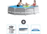 Piscina Intex Con Struttura A Prisma Rotondo - 305 X 76 Cm - Grigio - Include Pompa Filtro Per Piscina - Telo Di Copertura - Telo Di Fondo