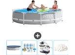 Piscina Intex Con Struttura A Prisma Rotondo - 305 X 76 Cm - Grigio - Copertura Inclusa - Pacchetto Di Manutenzione - Pompa Filtro Per Piscina - Sfere Filtranti