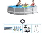 Piscina Intex Con Struttura A Prisma Rotondo - 305 X 76 Cm - Grigio - Include Copertura - Pacchetto Di Manutenzione - Pompa Filtro Per Piscina - Scaletta