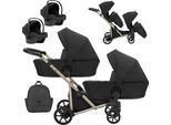 Passeggino Doppio Kunert Brav Duo 3In1 In Ecopelle Nera Con Ruote In Gel E Telaio Champagne