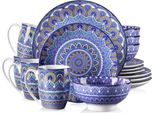Zafiro Set Da Portata - 16 Pezzi - 4 Persone - Piatti Per La Cena, Piatti Fondi E Piatti Per La Colazione - Blu - Ceramica