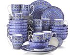 Set Da Portata Fiorenzo - 48 Pezzi - 12 Persone - Piatti Per La Cena, Piatti Fondi E Piatti Per La Colazione - Blu - Ceramica