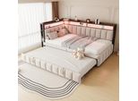 Flieks Divano Letto Da Giorno 90X200Cm Con Letto Estraibile, Letto Giovanile Letto Singolo Con Funzione Di Ricarica E Led, Letto Imbottito Letto In Metallo, Velluto, Beige