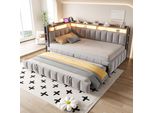 Flieks Divano Letto Da Giorno 90X200Cm Con Letto Estraibile, Letto Per Ragazzi Letto Singolo Con Funzione Di Ricarica E Led, Letto Imbottito Letto In Metallo, Velluto, Grigio Chiaro