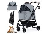 Costway Passeggino Per Cani 3 In 1, Passeggino Per Cani Con Tetto In Rete Regolabile, Cestino E Portabevande, Passeggino Per Animali Fino A 15 Kg, Cassa Per Cani Pieghevole, Metallo (Grigio)