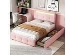 Letto Imbottito Merax 90X200Cm Con Led, Cassetti E Testata Regolabile In Altezza, Letto Singolo Funzionale Con Rete A Doghe E Rivestimento In Lino In Rosa