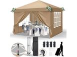 Fch Gazebo Pieghevole 3X3 M Gazebo Da Giardino Con 4 Pannelli Laterali, Gazebo Con 4 Sacchi Di Sabbia Gazebo Pop Up Per Feste, Cachi
