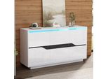 Credenza Merax 140 Cm Con 3 Ante E Ripiani Regolabili, Cassettiera Con Design A Blocchi Di Colore, Illuminazione App Led, Bianco-Nero Lucido
