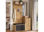 Armadio Compatto Merax Con Ganci E Ripiani, Armadio Da Corridoio Con Specchio E Panca, Scarpiera In Look Legno, Set Di Mobili Da Corridoio Rovere + Nero