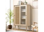 Cassettiera Merax Con Anta In Vetro E Vimini In Rattan, Vetrina Country, Credenza In Piedi In Legno, 60X40X100Cm, Rovere
