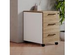 Cassettiera Da Ufficio 3 Cassetti Noce Naturale E Bianco Frassinato Ibisco Con Ruote E Serratura 40X55X58H