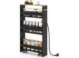 Costway Carrello A Nicchia, Carrello Da Cucina A 4 Ripiani Stretto Con Stazione Di Carico, Scaffale A Nicchia, Carrello Di Servizio Con Maniglia E Ringhiera, Scaffale Da Bagno In Legno, Nero