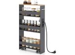 Costway Carrello A Nicchia, Carrello Da Cucina A 4 Ripiani Stretto Con Stazione Di Carico, Scaffale A Nicchia, Carrello Di Servizio Con Maniglia E Ringhiera, Scaffale Da Bagno In Legno, Grigio