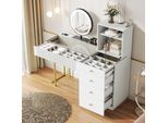 Flieks, Toletta Con Piano In Vetro E Specchio, Specchio Con Led, Toletta Con Cassetti E Mobiletto, Toletta 120X40X120Cm, Bianco