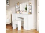 Flieks Tavolo Da Toilette Con Specchio Vanity E Sgabello, Specchio Con Led, Tavolo Da Toilette Con Cassetto, Ripiano E 2 Ante, Bianco