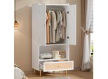Armadio Flieks Armadio Ad Angolo Con Cassetto In Rattan, Armadio Con Appendiabiti E Cassetto, Armadio Da Corridoio 80X48X175 Cm, Bianco
