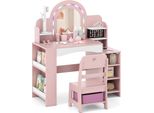 Costway Tavolo Da Trucco Per Bambini, Tavolo Da Trucco Per Bambini Con Illuminazione, Specchio, Ripiani, Libreria E Scatola In Tessuto, Tavolo Cosmetico Per Bambine Dai 3 Anni In Su, Rosa