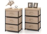 Comodino Costway Con 3 Cassetti, Set Di 2, Tavolino Con Struttura In Metallo, Cassettiera, Mobile Contenitore, Cassettiera In Tessuto, 40 X 30 X 62 Cm, Marrone