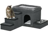 Pawhut Grotta Per Gatti Con Scale, Casa Per Gatti Con 2 Ciotole In Acciaio Inox, Letto Per Gatti, Casa Per Cani Con Cuscino, Per Gatti, Cani Fino A 8 Kg, Poliestere, 78 X 48 X 49,5 Cm, Grigio