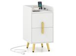 Comodino Costway Con Stazione Di Ricarica, Comodino Stretto Con 2 Cassetti E Gambe In Metallo, Tavolino, Cassettiera Per Letto 40X32X60Cm Bianco