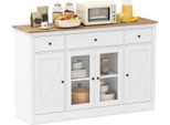 Costway Credenza, 140 Cm, Mobile Da Cucina Con 3 Cassetti, 2 Ante In Vetro E Ripiani Regolabili, Credenza Da Cucina In Stile Rustico, Legno Bianco