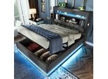 Letto Imbottito Flieks 90X200Cm Con Funzione Di Ricarica (Usb & Type-C), Letto Singolo Per Ragazzi Con Led, Letto Contenitore Letto A Molle Con Spazio Di Archiviazione, Lino, Grigio