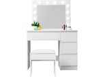 Aga Tavolo Da Toeletta Con Specchio, Illuminazione Ed El.Presa + Sgabello Bianco Lucido
