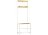 Appendiabiti Con Ripiano Per Scarpe - Appendiabiti Indipendente - 7 Ganci - Legno Di Pino - Stile Moderno - Rovere Chiaro E Bianco