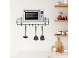 Mensola Per Microonde - Mensola Da Cucina A Parete - Acciaio Inox - 6 Ganci - Caricabile - Salvaspazio - Argento