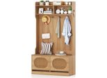 Costway Armadio Guardaroba 4 In 1 Con Panca, 2 Ante A Ribalta, 4 Ganci Doppi E Ante In Rattan Pe, Appendiabiti In Legno, Armadio D'ingresso