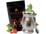 Set Tè Yerba Mate Paraguya - Tè Yerba Mate Vakapi Con Guaranà 500 G - Tazza Termica Per Tè Mate A Doppia Parete 220 Ml Argento - Bombilla 19 Cm