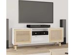 The Living Store Mobile Tv Bianco 105X30X40 Cm Legno Massiccio Pino Naturale Rattan