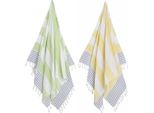 2 X Asciugamano Hammam Xl - Combi - Verde/Blu/Giallo - Buzz - Asciugamano Da Spiaggia - Cotone - Piscina - Asciugamano Da Avvolgere - Asciugamano Da Bagno - Yoga - Strisce - 100 X 180 Cm