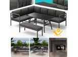 Set Da Pranzo In Alluminio - Divano Angolare Con Panca E Tavolo, Lounge Resistente Alle Intemperie, Grigio