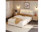 Letto Imbottito Unboxg 140×200 Cm In Beige, Velluto - Letto Contenitore Con Illuminazione A Led, Connessione Usb E Cassetti
