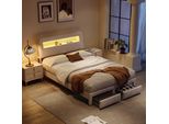 Letto Imbottito Proximax 140X200 Cm Con Illuminazione Led, Connessione Usb E 2 Cassetti, Letto Contenitore, Beige