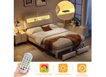 Letto Imbottito Proximax 160X200 Cm Con Illuminazione Led, Connessione Usb E 2 Cassetti, Letto Contenitore, Beige