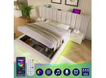 Letto Imbottito 180×200, Letto Matrimoniale Contenitore Con Led, Rete A Doghe, Lino, Beige, Senza Materasso E Comodino