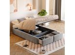 Letto Imbottito 140 X 200 Cm, Letto A Piattaforma, Letto Imbottito Senza Testata, Con Contenitore Idraulico E 2 Cassetti, Grigio