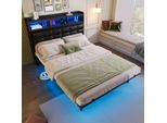 Letto Matrimoniale 140*200 Cm Con Rete A Doghe E Testiera, Con 2 Comodini Estraibili, Con Vani Portaoggetti, Con Funzione Di Ricarica Per Cellulari (Interfaccia Type C E Usb), Con Led, Grigio