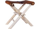The Living Store Sgabello Pieghevole In Vera Pelle E Legno Massiccio Di Teak