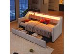 Letto Imbottito Flieks 90X200Cm Con Letto Estraibile E Cassetti, Divano Letto Daybed Con Led E Funzione Di Ricarica, Letto Singolo Daybed, Lino, Beige