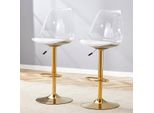Set Di 2 Sgabelli Da Bar Oro E Trasparenti, Regolabili In Altezza Da 60 A 80 Cm, Girevoli A 360°. Sgabelli Da Bancone Con Seduta E Schienale Imbottiti In Finto Cuoio.