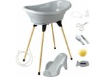 Thermobaby - Pack De Baby Bath Vasco 9 In 1 Grigio - Vasca Da Bagno + Supporto Pieghevole + Tubo Di Scarico + Lettino Per Vasca Da Bagno + Termometro + Spugna + Spazzola E Pettine + Forbici + Papillon Per Bambini -