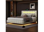Cdglobal Letto Imbottito Matrimoniale 160X200 Cm Con Illuminazione A Led E Connessione Usb, Rete A Doghe E Testata - Velluto E Legno - Beige - Letto Struttura Letto Per Ragazzi
