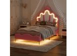 Letto Imbottito 90X200Cm Con Rete A Doghe, Letto Per Ragazzi Letto Per Bambini Con Led, Letto Singolo Con Cornice, Letto In Legno Classico, Pu, Rosa