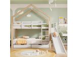 Letto A Castello Flieks Con Protezione Anticaduta, Letto Per Bambini Con Scivolo E Scaletta, Letto A Soppalco Con 2 Cassetti, Letto Casa In Legno Massiccio Letto A Castello 90X200Cm, Bianco