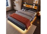 Letto Imbottito Flieks 140X200Cm Con Funzione Di Ricarica (Usb+Type-C), Letto Classico Letto Matrimoniale Letto Giovanile Con Led, Letto Con Testiera Contenitore, Lino, Grigio