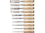 Set Di Scalpelli Da Intaglio 6,8,10,12,16,20,22,24,26,30 Mm Manico In Faggio Bianco Forma Ulmer 10 Pezzi